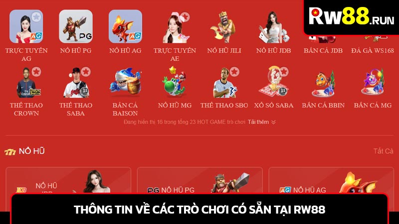 Thông tin về các trò chơi có sẵn tại rw88